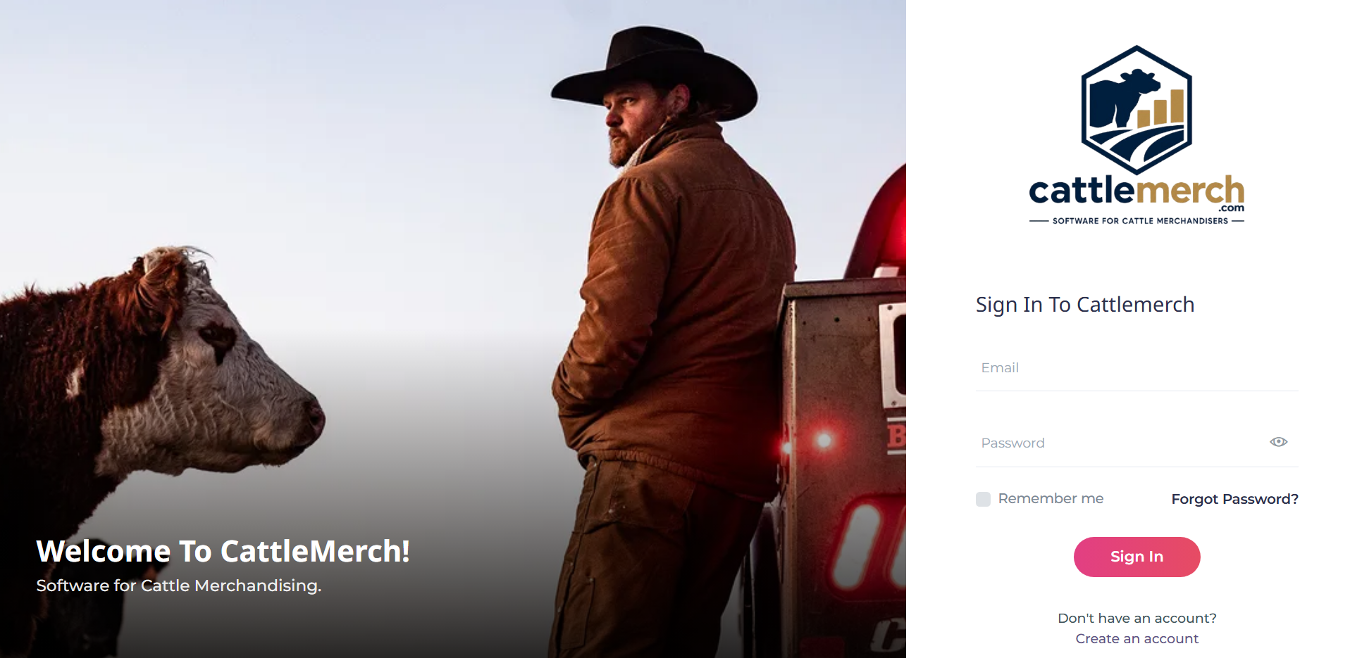 CattleMerch Welcome Screen — Farmer and Sign In Form